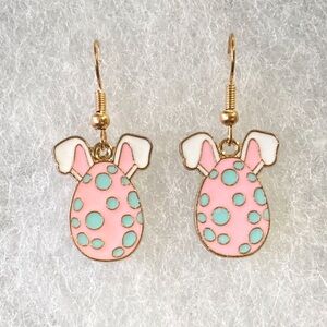 Pink and Blue Polka Dot Bunny Easter Egg Enamel Gold Toned Earrings